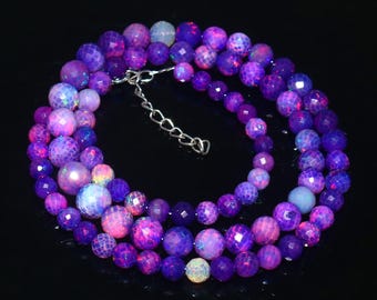 Purple Pink Blue Beaded Necklace, Colorful Boho Statement Necklace, Amethyst Style Bead Jewelry, Handmade Gemstone Style Necklace, Gift
