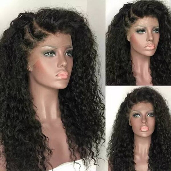 Synthetic 26" Glueless Black Jerry Curl Heat Resistant Half Hand Tied Lace Frontal Wig With Baby Hairs For Women