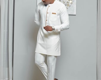 White Kaftan 2 Piece Sets Men's Suit Button Crew Neck Pockets Long Sleeve Top and Pants Wedding Ethnic Style Outfit Clothing