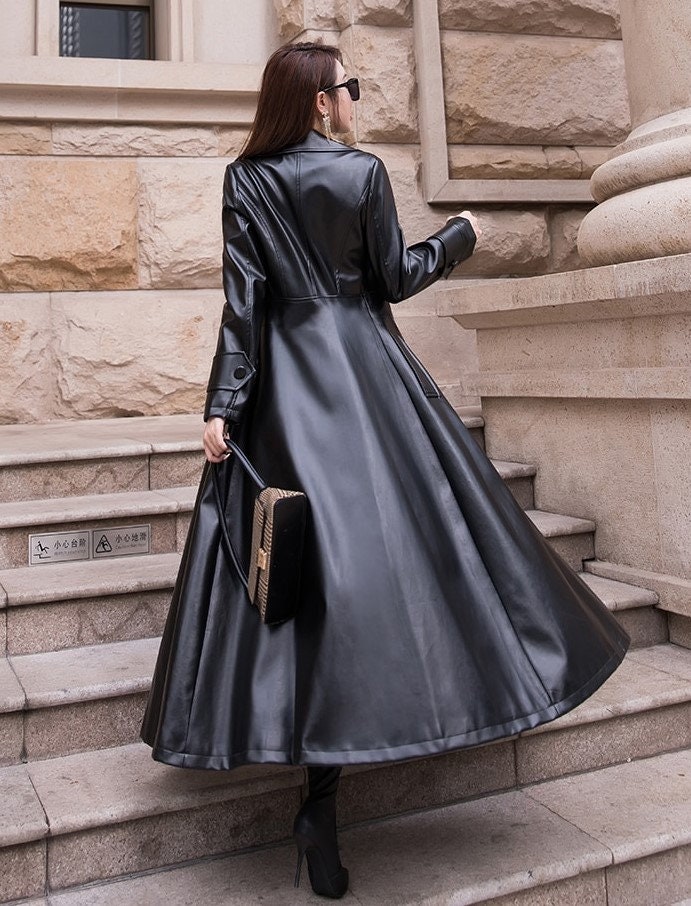Maxi Fit and Flare Leather Trench Coat for Women 2024 Spring Long
