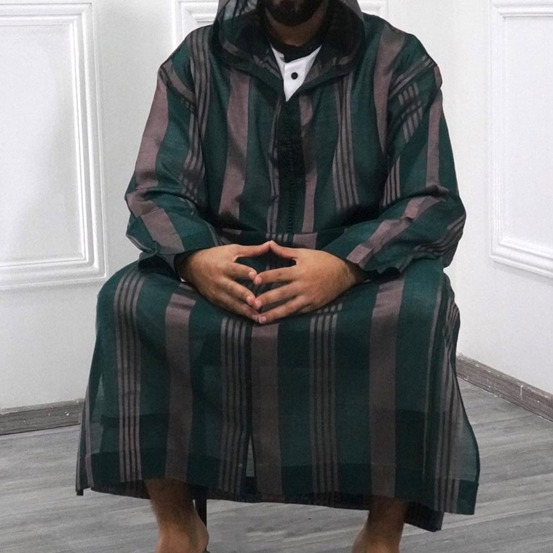 Men Islamic Arabic Kaftan Striped Long Sleeve Casual Hooded | Etsy