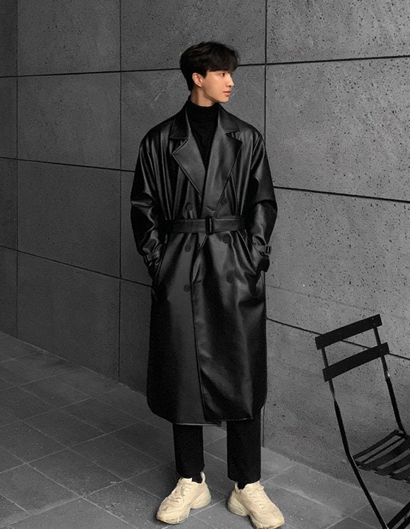 Men's 2023 Long Oversized Faux Leather Trench Coat With - Etsy