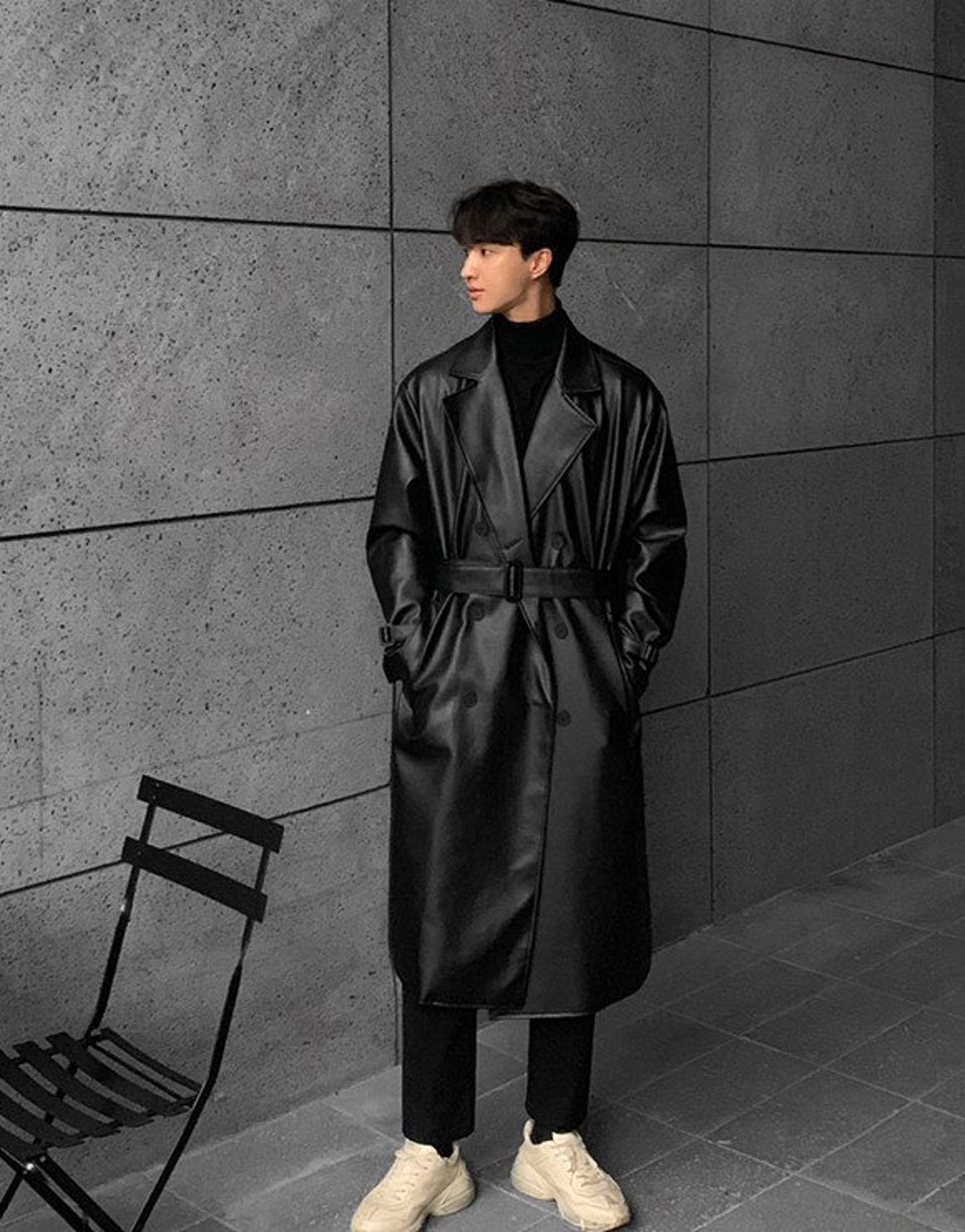 Men's 2023 Long Oversized Faux Leather Trench Coat With Drop Shoulder