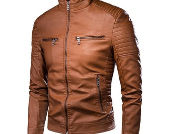 Autumn Winter Leather Jackets for Men Korean Fashion Woven Plaid PU Leather  Jacket Lapel Motorcycle Bike Coats Men Clothing 2023