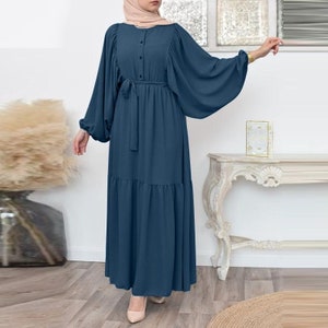 Elegant Long Puff Sleeve Muslim Shirt Dress Women Casual Belted Jilbab ...