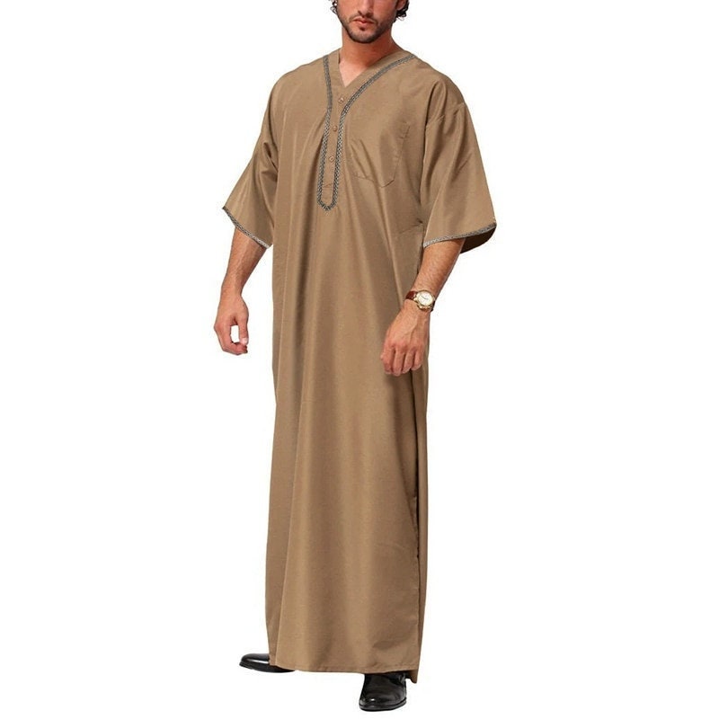 LASPERAL Mens Ethnic Kaftan Robes Cotton Linen Arab Muslim Shirt Middle East Bath Robe Casual Loose Dressing Gown Housecoat 