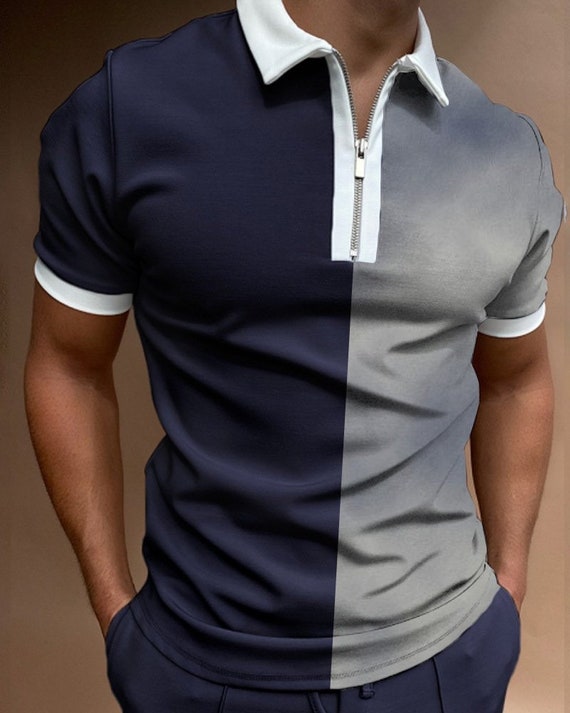 Fashion Men's Clothing Polo Shirts Casual Turn-Down Collar Zipper Patchwork  Lines Print Short Sleeve Tee Shirt Men Polo Tops New - AliExpress