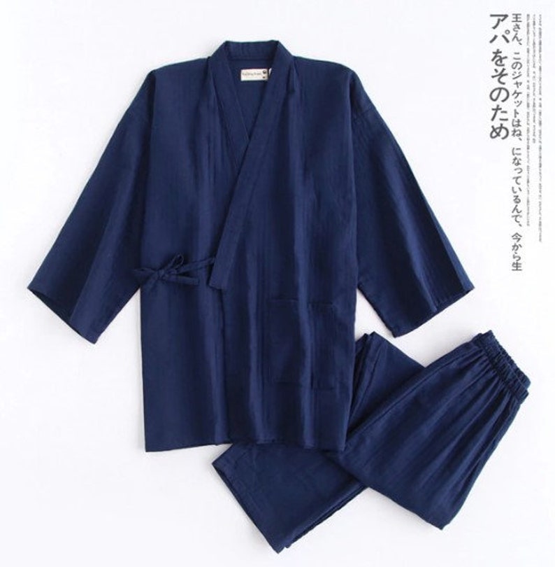 Men Traditional Japanese Pajamas Set Cotton Robe Pants Kimono Etsy