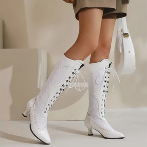 US4-11 Women Victorian Pointed Toe Mid-calf Boots Leather Lace Hollow ...