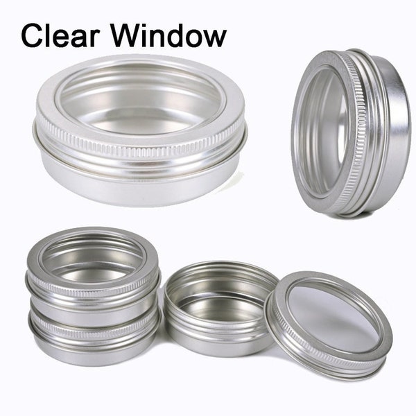 Silver Aluminum Round Tin Container With Screw Top clear window  Refillable Storage Jar| Nail Art Container, Travel Tin