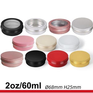 May include: Assortment of 10 round metal tins with lids in various colors, including silver, gold, pink, red, and black. The tins are 2 oz/60 ml in size and measure 68 mm in diameter and 25 mm in height.