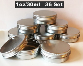 36 Sets 1oz/30ml  Silver Aluminum Tin,Small Screw Round Lip Metal Tin Storage Jar Balm Container Lid