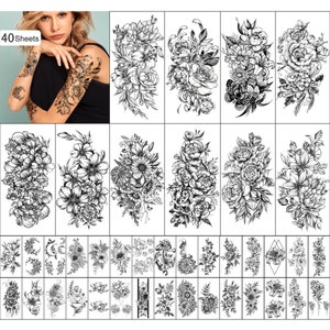 Yazhiji 40 sheets Lasting Temporary Tattoos Large Flowers Collection Waterproof Temporary Fake Tattoo Stickers for Women and Girls.