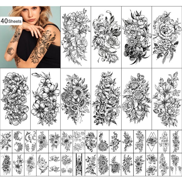 Yazhiji 40 sheets Lasting Temporary Tattoos Large Flowers Collection Waterproof Temporary Fake Tattoo Stickers for Women and Girls.