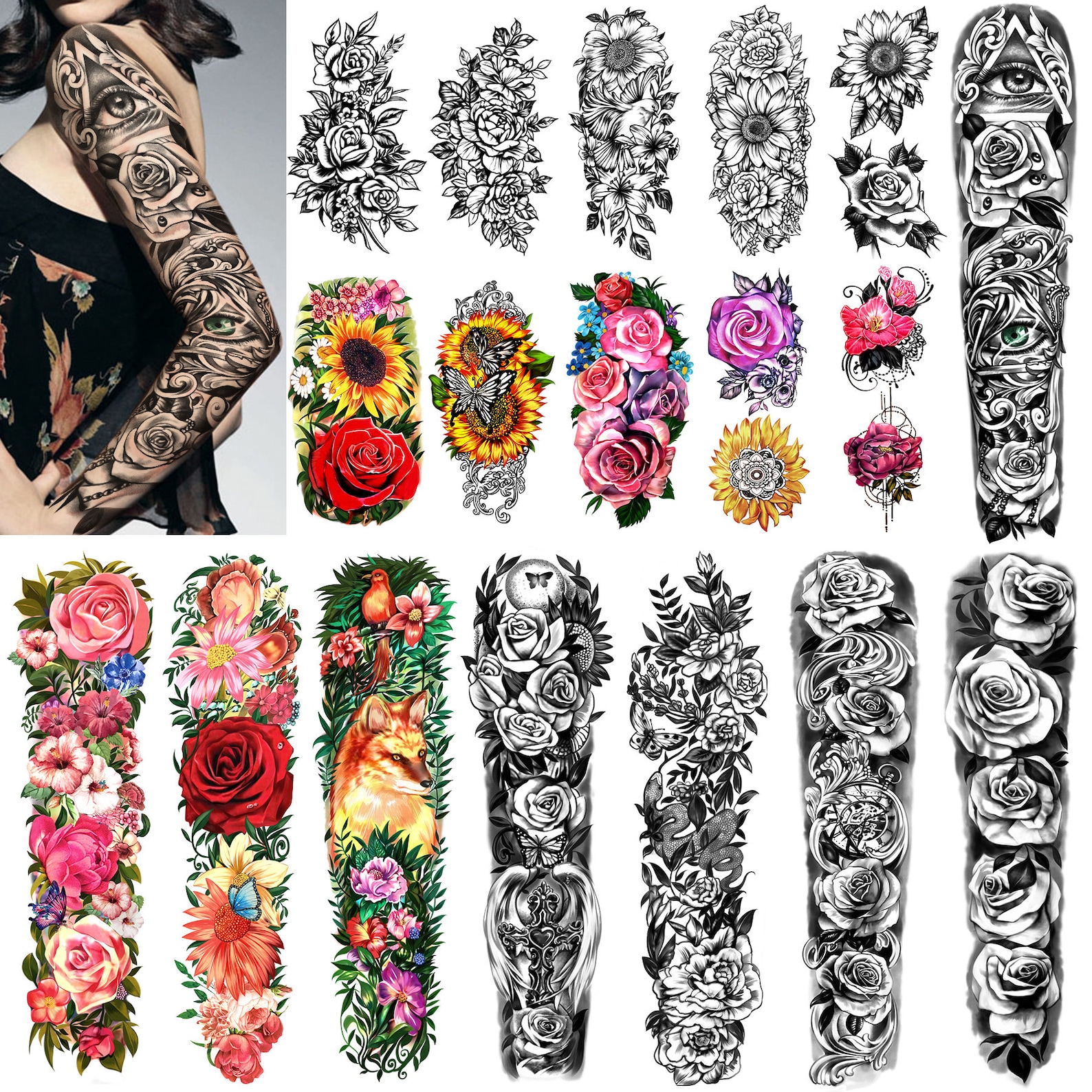 Temporarytattoo Full Arm 8 Sheets And Half Arm Shoulder Etsy