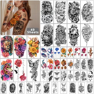 Yazhiji 49 sheets Large Flowers Skull Waterproof Temporary Tattoos for Women and Girls, Realistic Tiger Wolf Bird Temporary Fake Tattoo