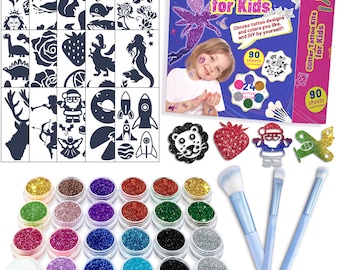 Temporary Glitter Tattoo Kit For Kids -  Fake Tattoo For Girls, DIY Waterproof Tattoos with 90sheets  Sticker24 Glitter Box and 3 Brushes