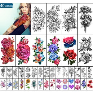 Yazhiji 40 sheets Waterproof Temporary Tattoos Large Flowers Collection Lasting Fake Tattoo Stickers for Women or Girls Beauty Decoration