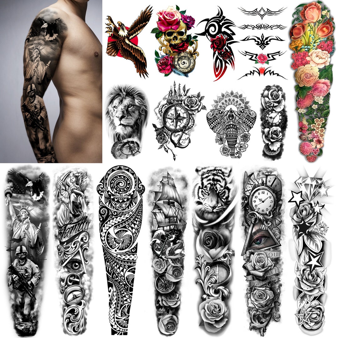 Yazhiji 16 Sheets Extra Large Temporary Tattoos 8 Sheets Full Arm Fake  Tattoos and 8 Sheets Half Arm Tattoo Stickers for Men and Women 