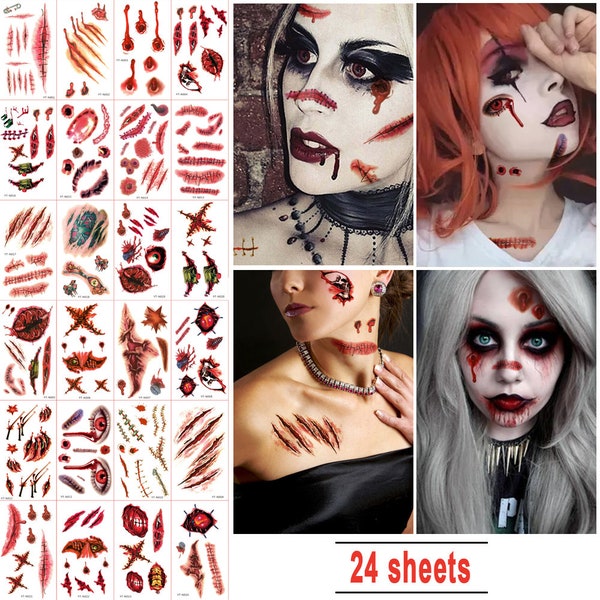 Halloween Horror Wound Zombie Scar Temporary Tattoos, 3D Halloween Makeup and Party Decorations (24 sheets)