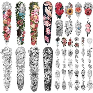 46 Sheet Full Arm Temporary Tattoo for Women with Peony Bird Daisy Rose Half Arm Flower Chrysanthemum Temporary  Fake Tattoos for Girls Boys