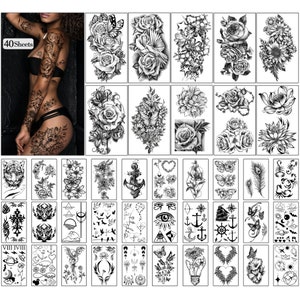 40 sheets Waterproof Temporary Tattoos Flowers Rose Bufferly Fake Tattoo Mix Style Lasting Body Art Tattoo Stickers for Women or Girls