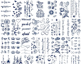 30 Sheets Semi-Permanent Tattoos for Women Waterproof Temporary Tattoos Crown Floral Rose Dark Blue Fake Tattoos, Lasting 1-2weeks Tattoo