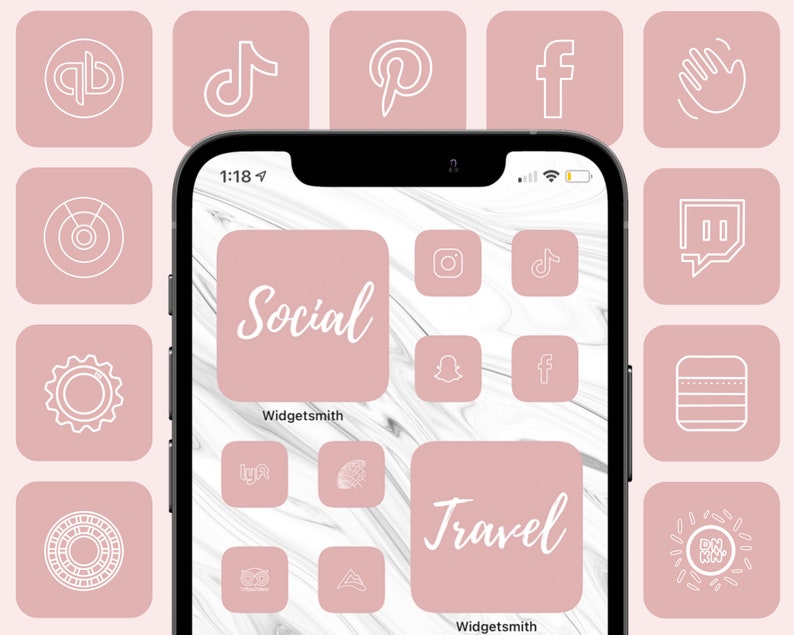 Pink iOS 16 iPhone App Icons Minimal Pink & White Aesthetic Icon Design Widget Smith Photo Widgets App Icon Pack Cavern Pink image 1