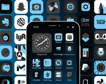 Black Blue App Icon Pack | iOS 14 15 16 App Icons | Monochrome App Icons | Black App Icons | Dark App Icons | 60 Photo Widgets | 600 Icons