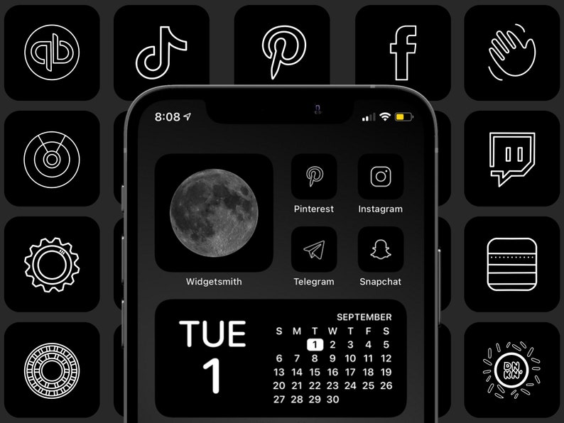 Minimal Charcoal Icon Aesthetic Pack Black and White App Icons IOS 14 Customize Home Screen Widget Smith Widgets Cove The Design image 1