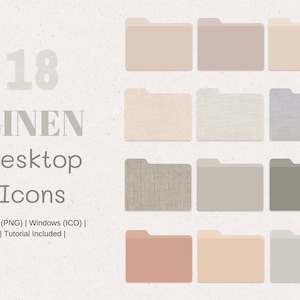 Puede incluir: Conjunto de 18 iconos de carpeta de escritorio con textura de lino en varios colores neutros, incluyendo beige, gris, marrón y rosa. Los iconos están diseñados para dar un aspecto minimalista y moderno a tu escritorio.