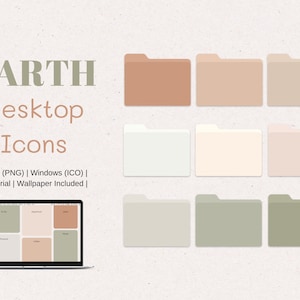 May include: A set of nine desktop folder icons in various shades of brown, beige, white, and green. The icons are arranged in three rows of three. The text "EARTH Desktop Icons" is at the top of the image. The text "| MAC (PNG) | Windows (ICO) | Tutorial | Wallpaper Included |" is below the icons.