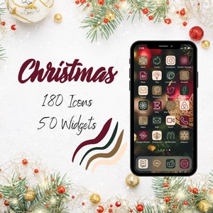 May include: A smartphone screen displaying a Christmas-themed app icon set with 180 icons and 50 widgets. The icons are in a red, green, and gold color scheme and feature a variety of popular apps, including Instagram, Twitter, and Amazon.