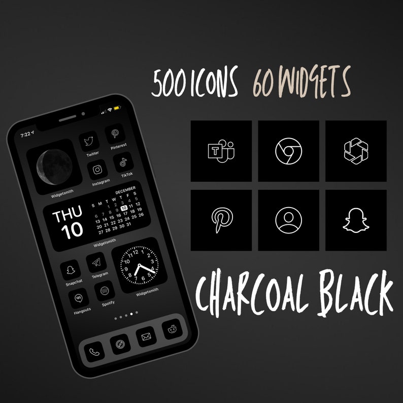 Minimal Charcoal Icon Aesthetic Pack Black and White App Icons IOS 14 Customize Home Screen Widget Smith Widgets Cove The Design image 4