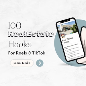 Pode incluir: Uma tela de telefone azul e branca exibindo uma lista de 100 ganchos imobiliários para Reels e TikTok. O texto "Real Estate Hooks" está no topo da tela. O texto "Funny & Engaging Real Estate Hooks" está abaixo do título. A lista inclui ganchos como "Você nunca adivinharia o que está dentro desta casa", "Corretor de imóveis vs. Zillow - Quem conhece melhor os preços das casas?", e "As casas mais bizarras no mercado agora".