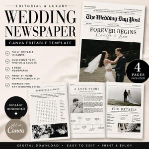 Puede incluir: Una plantilla de periódico de bodas con una estética vintage. El diseño incluye el titular "Wedding Newspaper" y el texto "Canva Editable Template". El periódico presenta fotos, texto personalizable y está diseñado para un diseño de 4 páginas. Se muestran las palabras "Forever Begins".