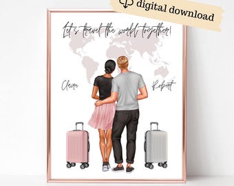 Let's Travel the World Together Custom Print, Couple Gift for Travelers, Personalized Couple Portrait with World Map, Gift for Him, for Her