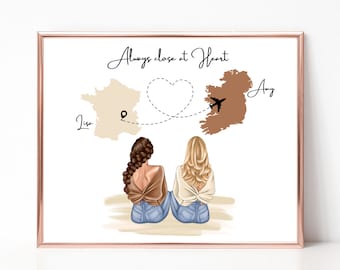 Toujours dans le coeur, Impression meilleure amie personnalisée, Cadeau pour amitié interurbaine, Cadeau de déménagement pour fille, Photo personnalisée de pays à pays