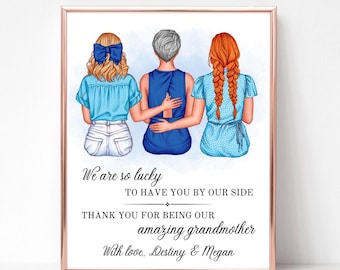 Grandma with Two Granddaughters Custom Portrait, Mothers Day Print Grandma, Nanny Gift, Personalized Granny Gift, Gift from Granddaughters