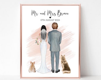 Wedding Print with Dog, Gift for the Bride and the Groom, Custom Wedding Keepsake, Wedding Print with Pets, Gift for the Happy Couple