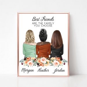 Three Best Friends Portrait, Best Friend Gift, Friendship Art, Besties Gift, Choosen Family Gift, Personalized Print, Best Friend Picture