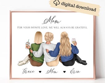 Mother and Two Daughters Digital Art Portrait, Personalized Print for Mother's Day, Mom Gift from Daughters, Custom Gifts, Mum Birthday Gift