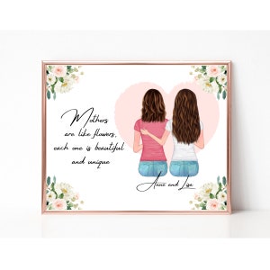 Personalized Digital Art for Mother&#39;s Day, Mother and Daughter Custom Portrait, Floral Wall Art for Mom, Birthday Gift for Mum, Mother Print