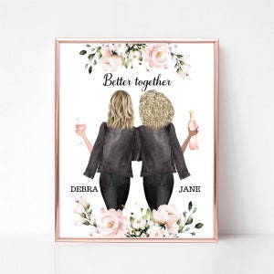 Better Together, Personlized Besties Portrait, Girls With Drinks Custom Print, Mother and Daughter Picture, Sisters Portrait, Christmas Gift