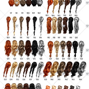 May include: A chart of 156 different hairstyles for women. The hairstyles are numbered from 97 to 156. The hairstyles are all different colors and styles.