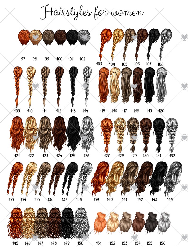 May include: A chart of 156 different hairstyles for women. The hairstyles are numbered from 97 to 156. The hairstyles are all different colors and styles.