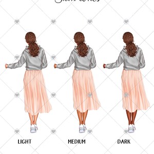 May include: Three illustrations of a woman wearing a gray hoodie and a pink skirt. The woman's skin tone is light, medium, and dark.
