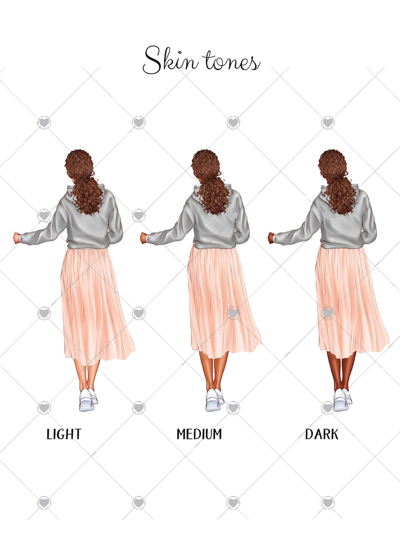 May include: Three illustrations of a woman wearing a gray hoodie and a pink skirt. The woman's skin tone is light, medium, and dark.