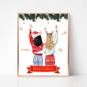 Personalized Best Friends Print, Christmas Gift, Custom Christmas Besties Portrait, Printable Gift for Friend, Christmas Gift for Sisters