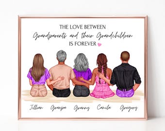 Retrato de abuelos y nietos, impresión personalizada para abuelos, regalo de nietos adultos, imagen personalizada de abuelo y abuela.